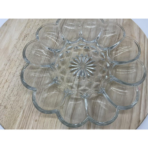 Vintage Glass Deviled Egg Tray 12 Egg Holder Clear Pressed Glass Platter 12 Inch - Picture 5 of 5
